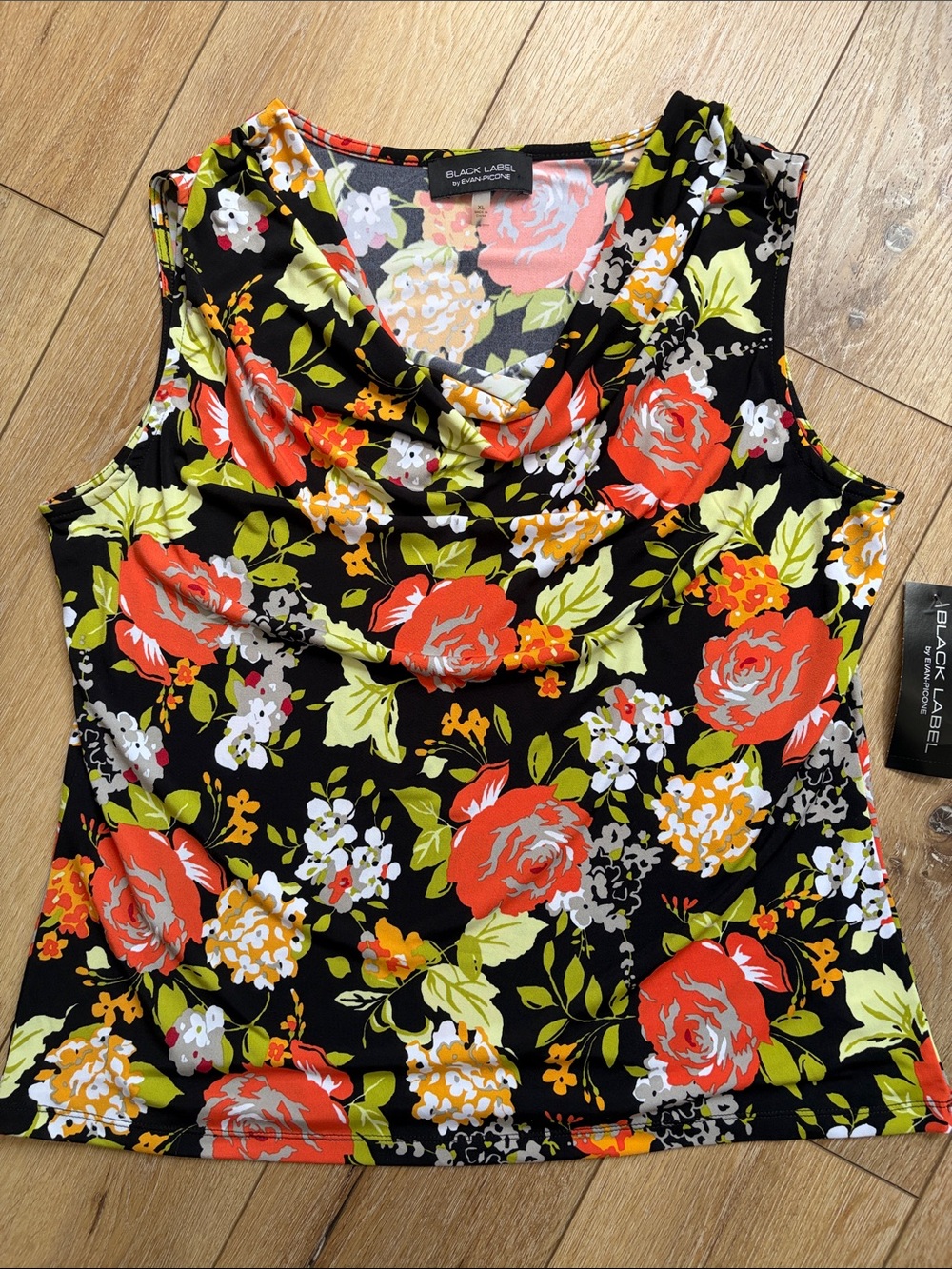 Black Label By Evan-Picone Blouse Women's XL Floral Cowl Neck Sleeveless Top NWT